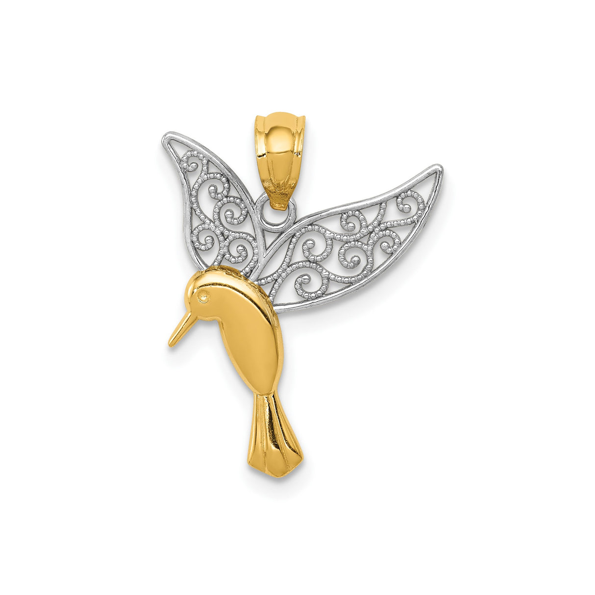 14k Multi-Tone Gold Hummingbird Pendant with Rhodium Filigree Wings, Nature-Inspired Christian Jewelry