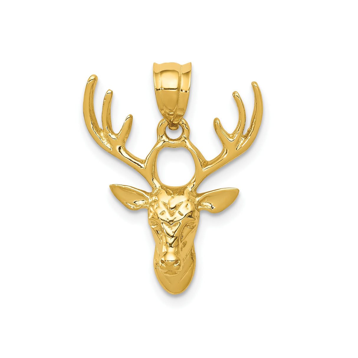 14k Yellow Gold Deer Head Pendant with Detailed Antlers, Stag Symbol for Men