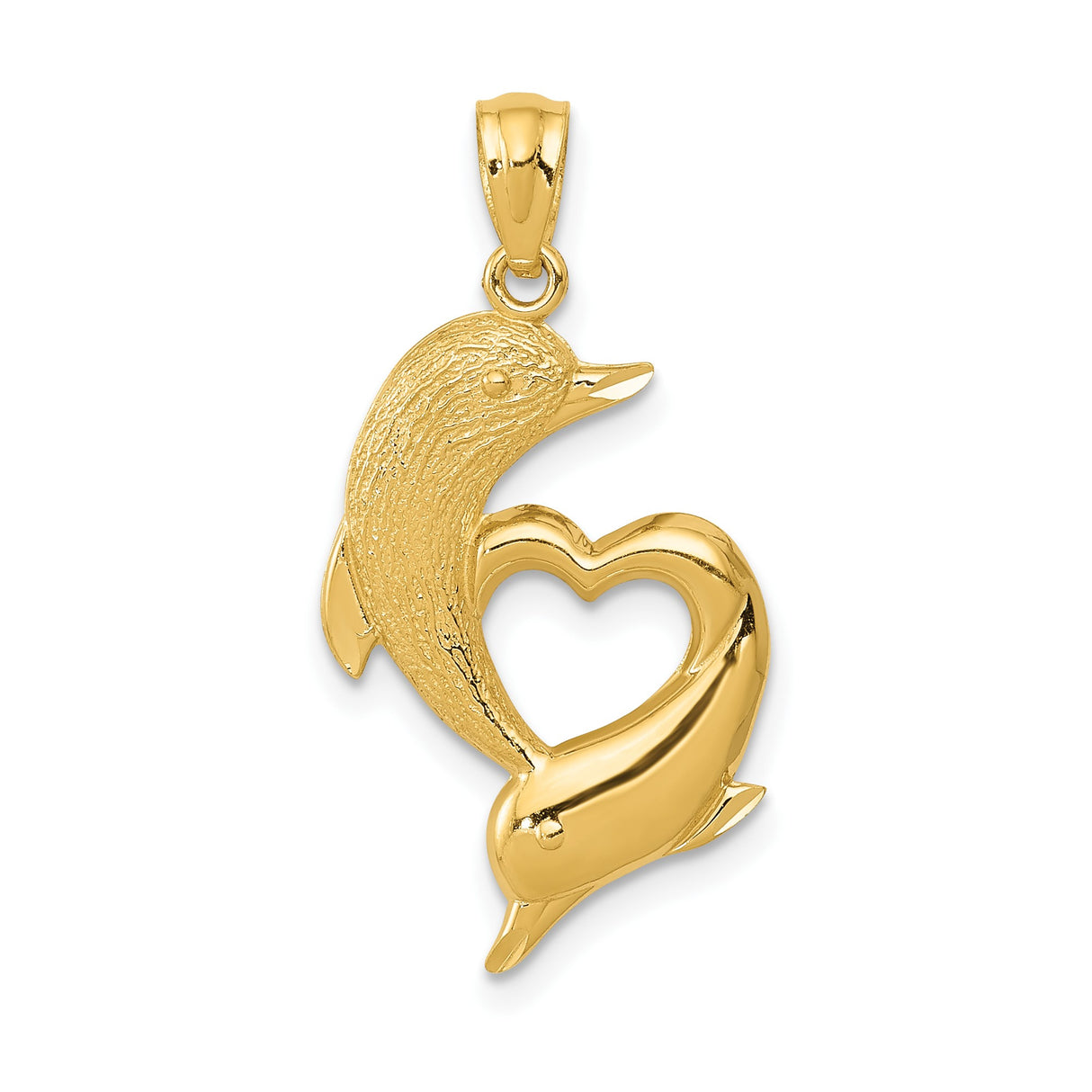 14k Yellow Gold Dolphin Heart Pendant, Two Dolphins Forming Heart Shape, Nautical Jewelry for Women