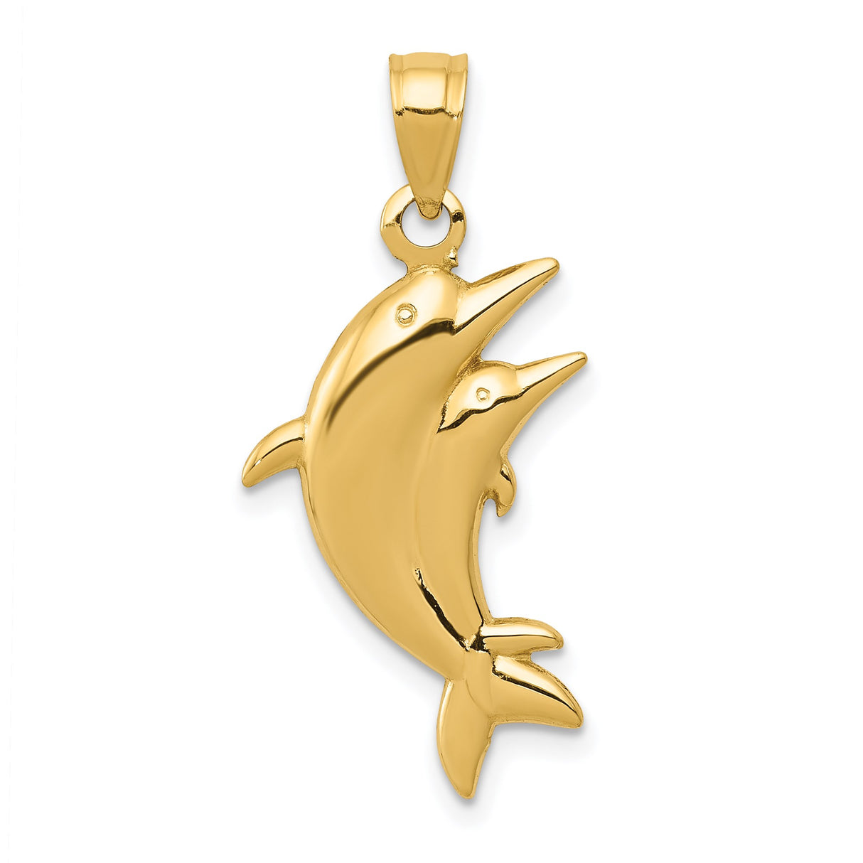 14k Yellow Gold Dolphin Pendant with Two Jumping Dolphins, Nautical Marine Life Charm