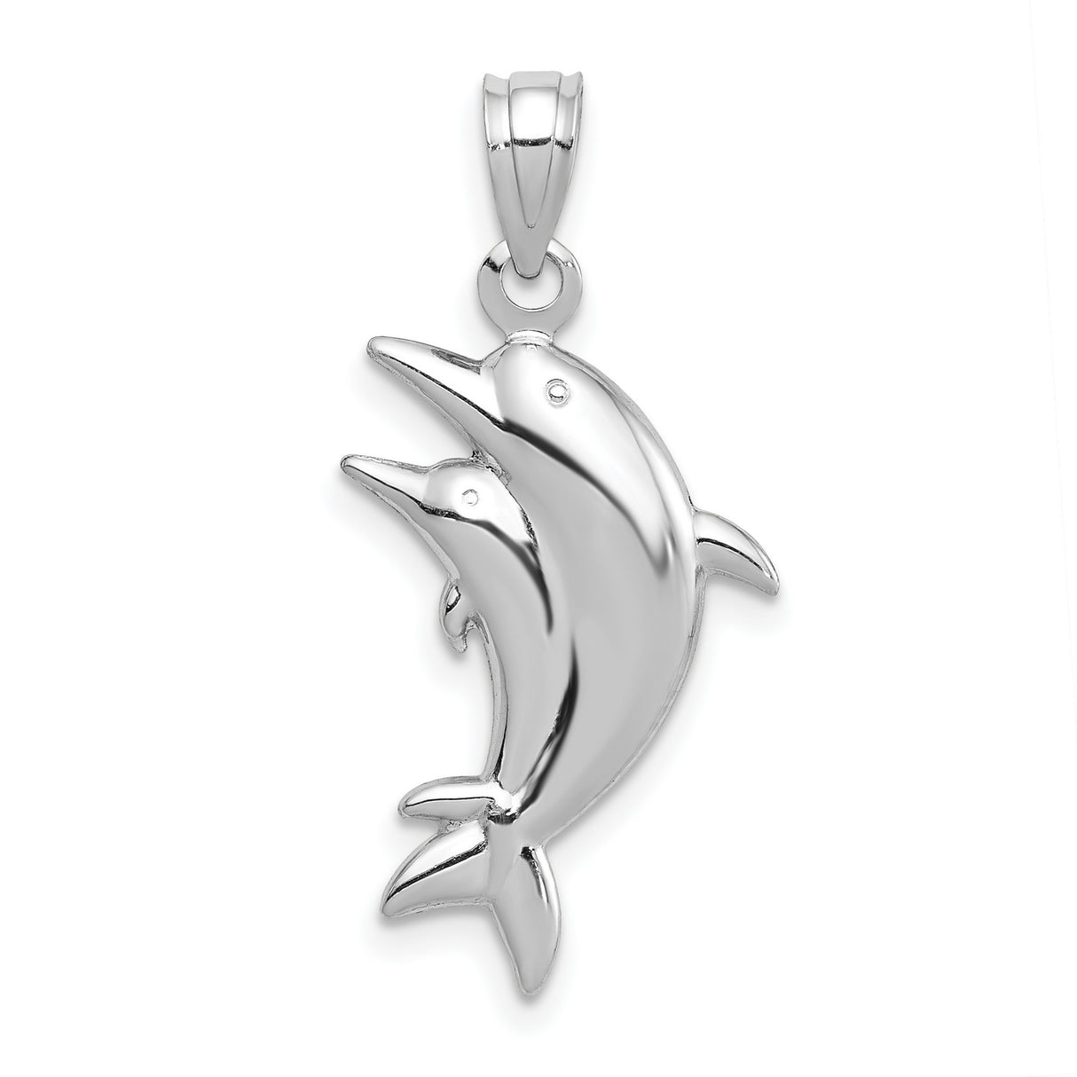 Large And Small Dolphin Pair Charm Pendant in Real 14k White Gold