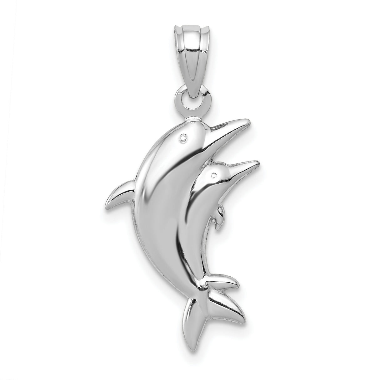 Large And Small Dolphin Pair Charm Pendant in Real 14k White Gold