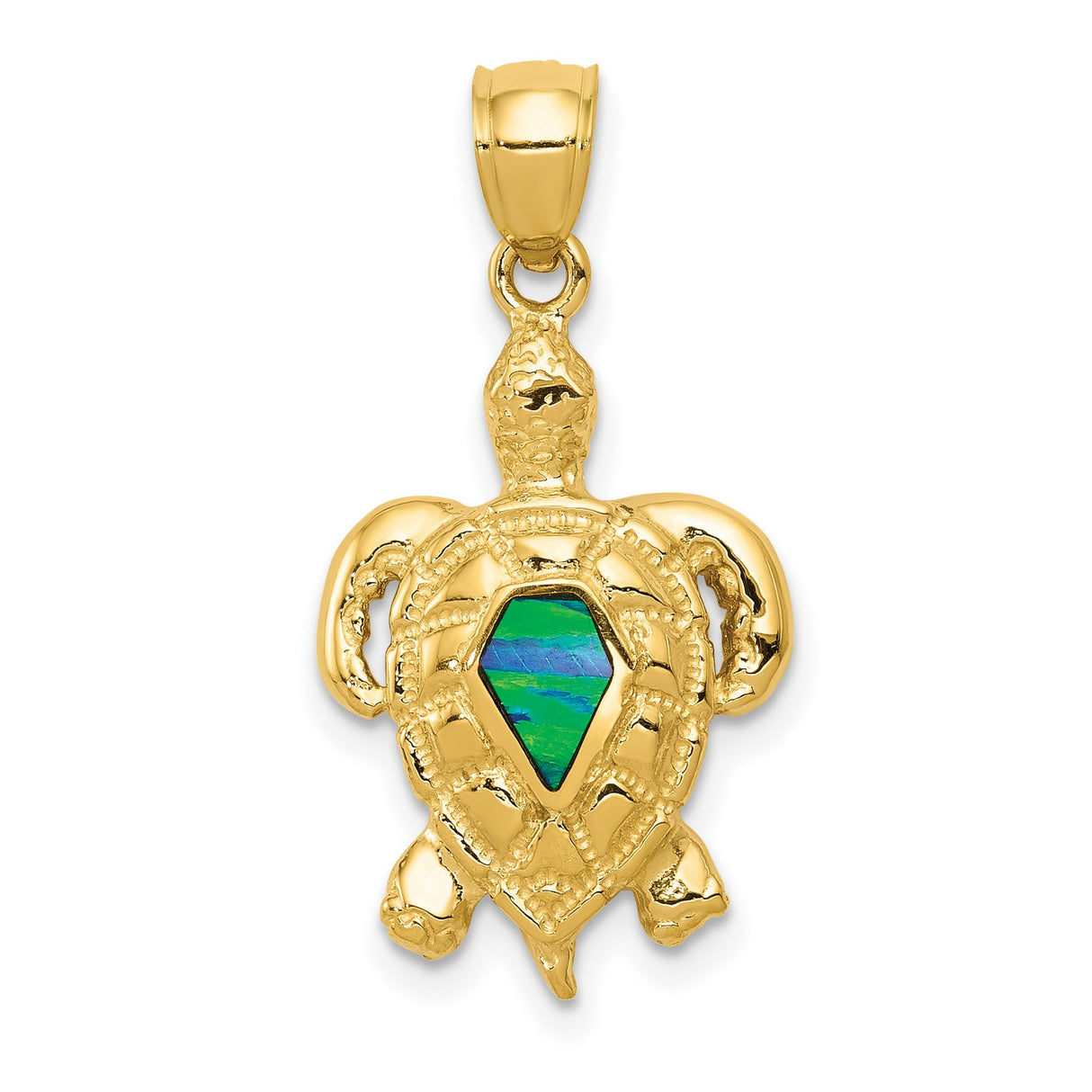 14k Yellow Gold Sea Turtle Pendant with Blue Green Opal Inlay, Nautical Ocean Jewelry