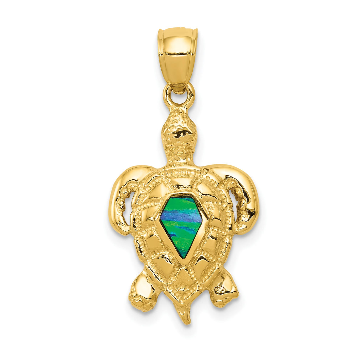 14k Yellow Gold Sea Turtle Pendant with Green Blue Opal Inlay, Nautical Ocean Animal Charm