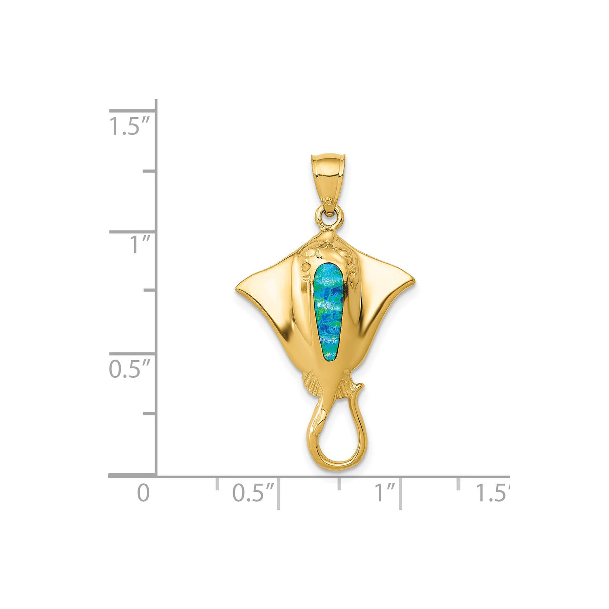 14k Yellow Gold Manta Ray Pendant with Blue Green Opal Inlay, Ocean Animal Theme