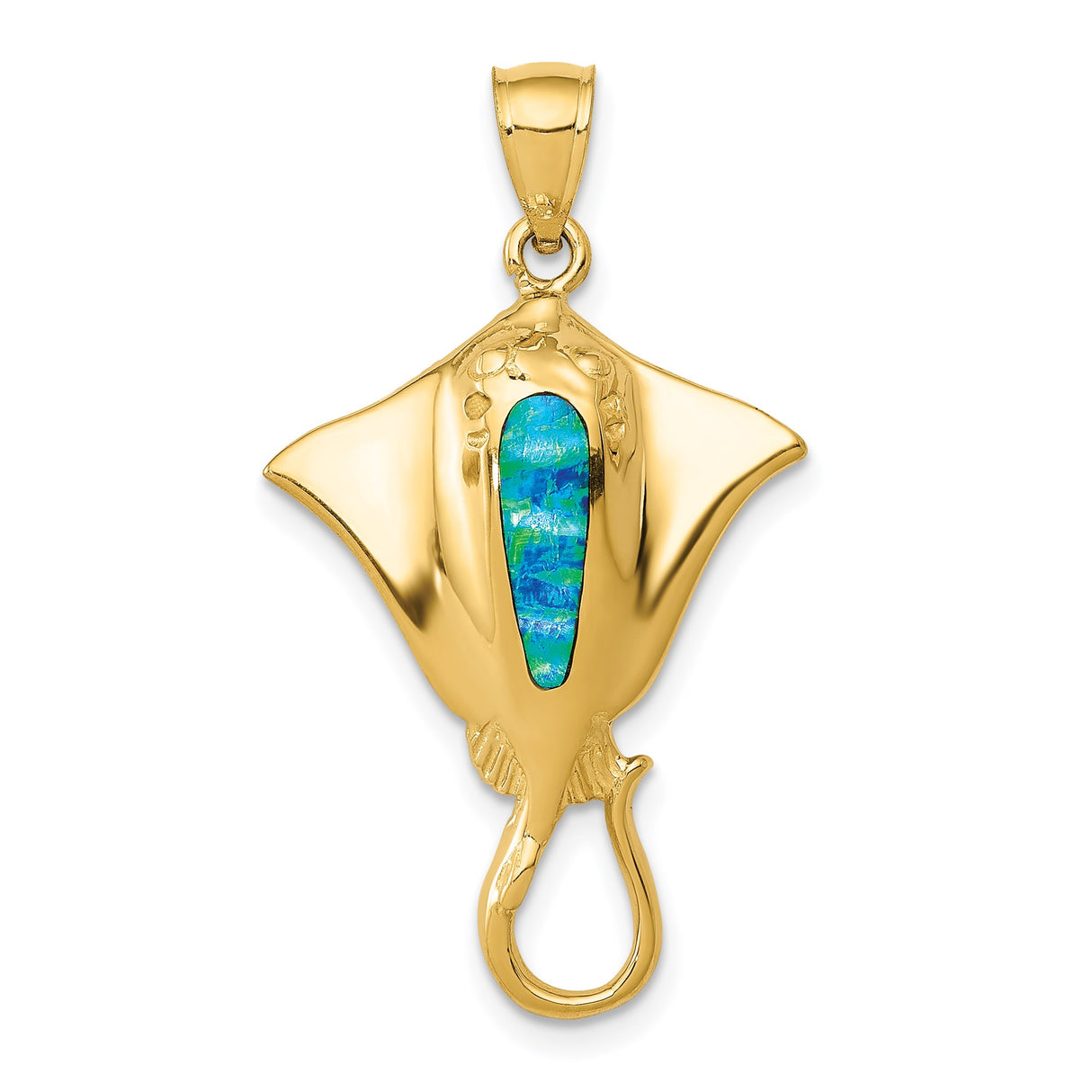 14k Yellow Gold Manta Ray Pendant with Blue Green Opal Inlay, Ocean Animal Theme
