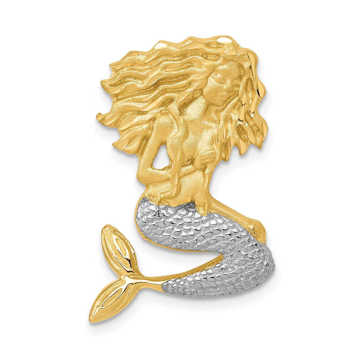 14k Two-Tone Gold Mermaid Pendant with Textured Tail and Ocean Design