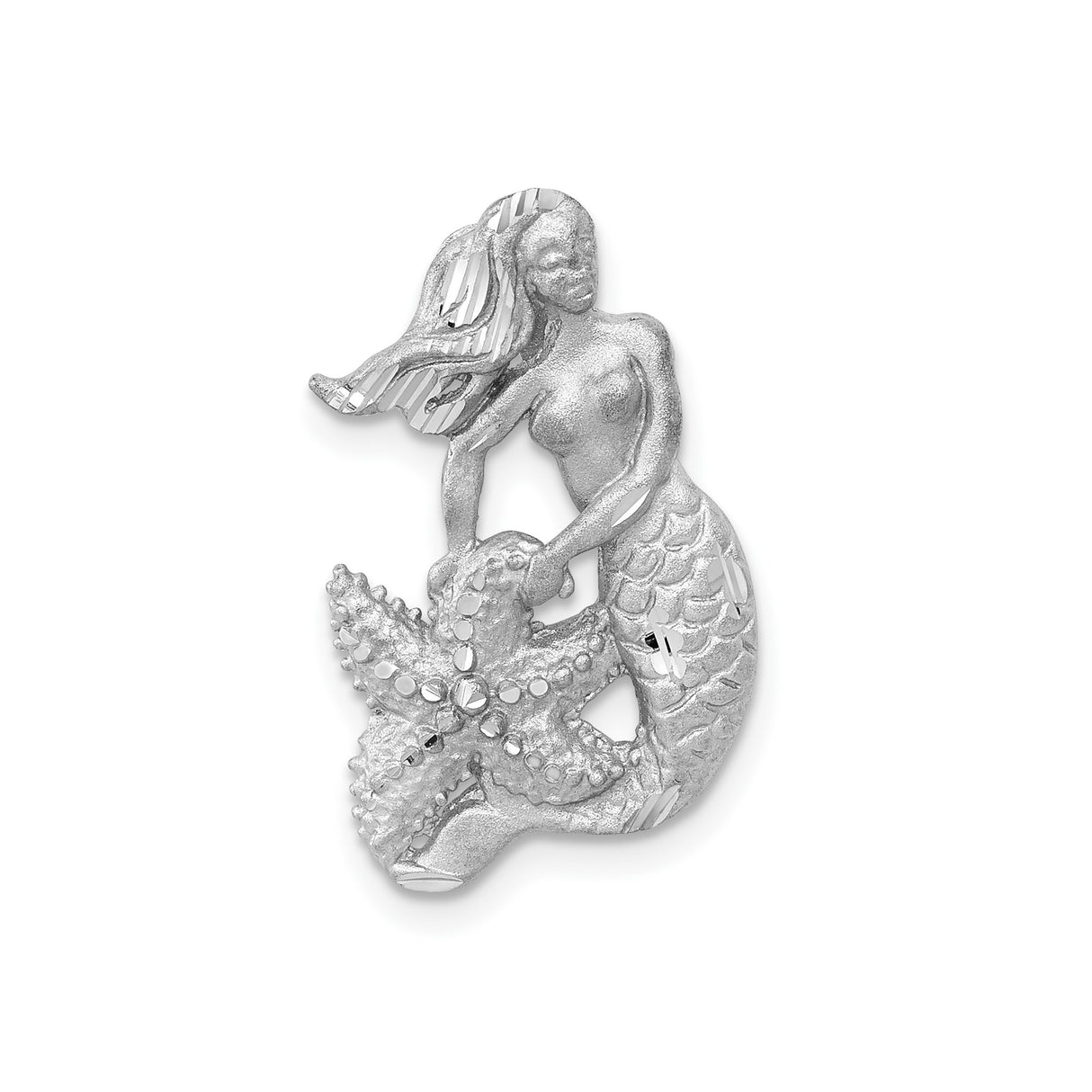 14k White Gold Mermaid Pendant with Starfish, Nautical Ocean Charm for Women