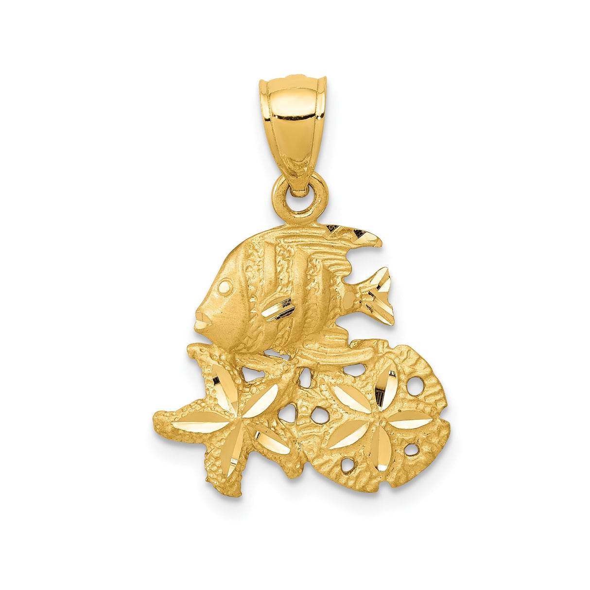 14k Yellow Gold Tropical Fish and Sand Dollar Pendant, Ocean Life and Nautical Theme