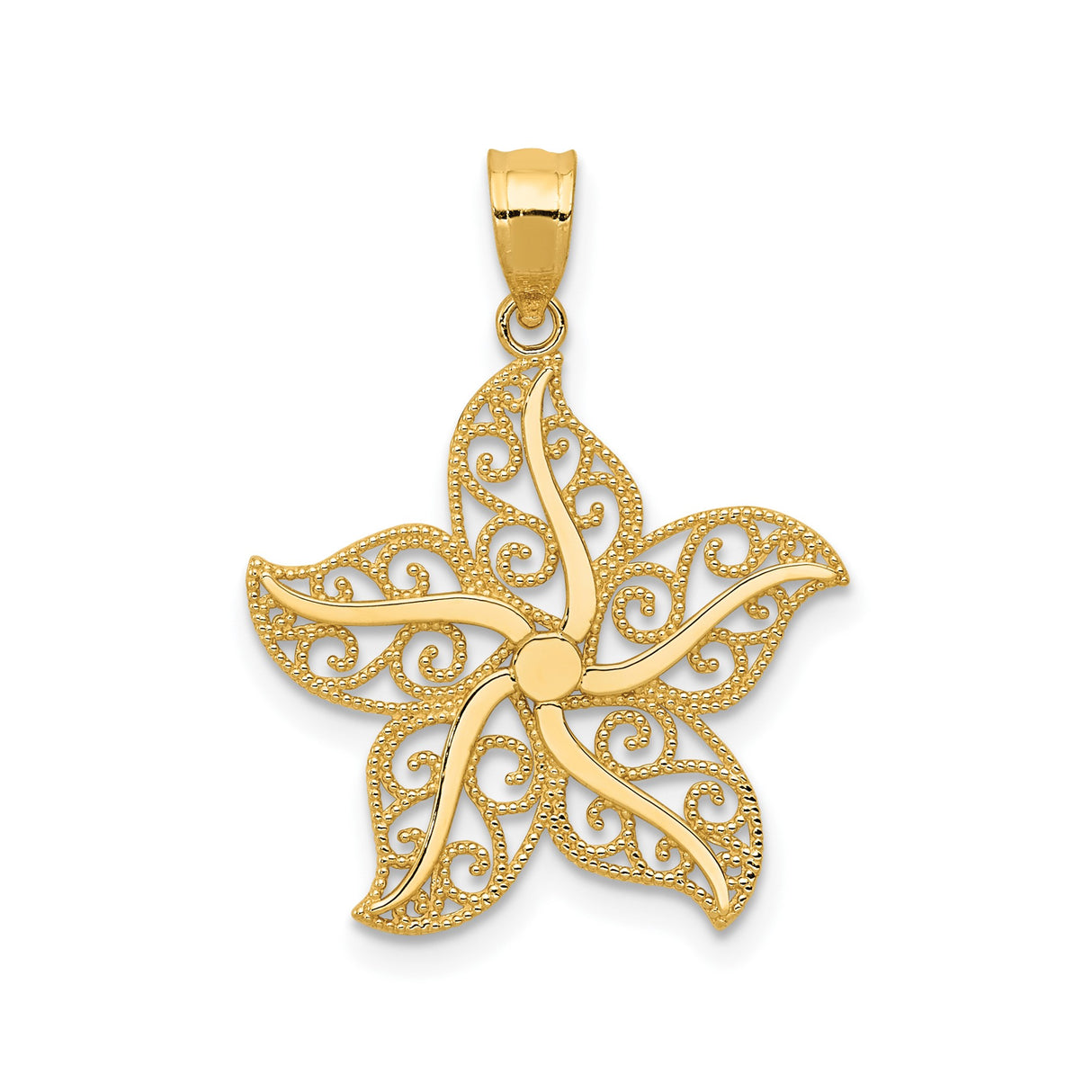 14k Yellow Gold Flower Pendant with Filigree Swirl Pattern and Scrollwork Design for Women