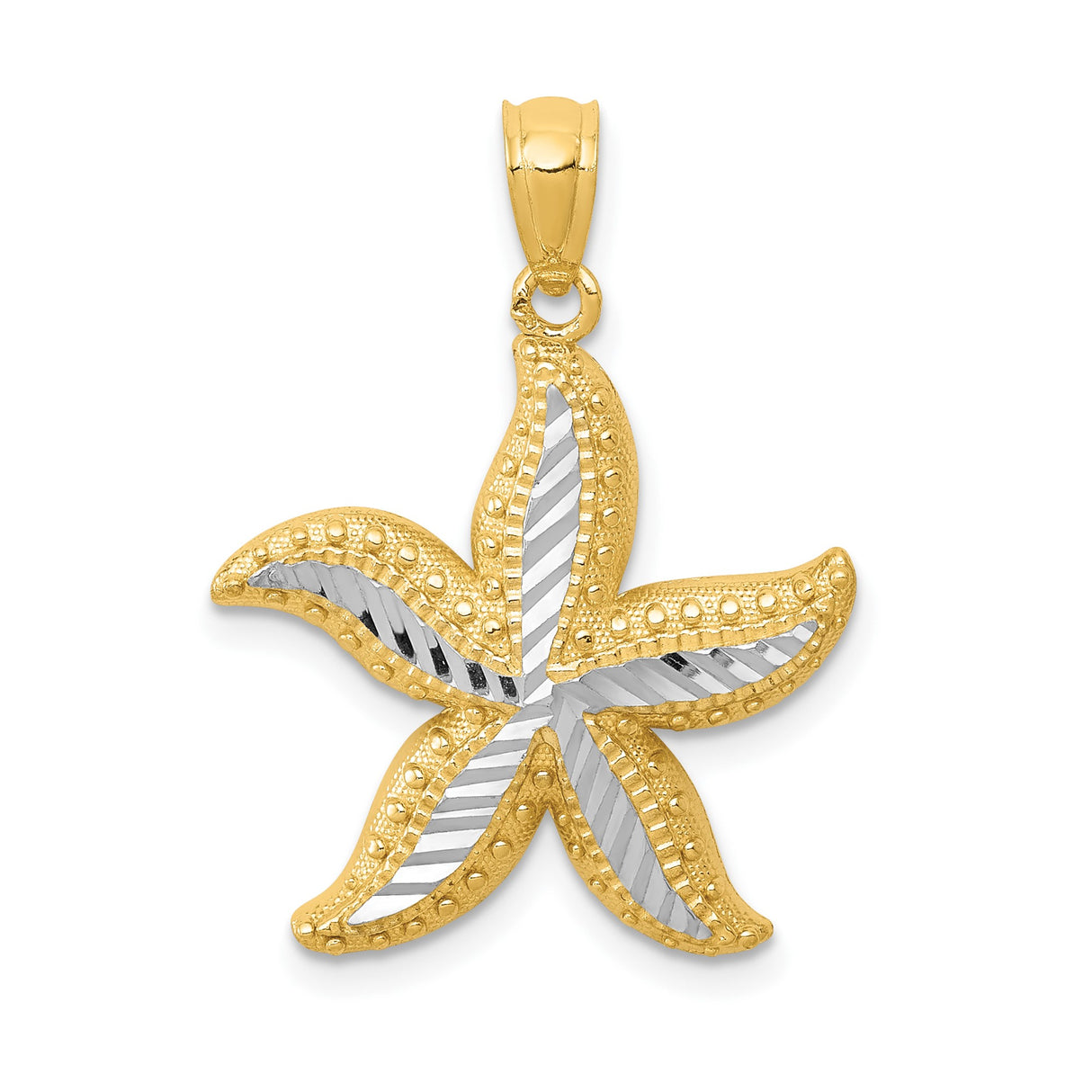 14k Yellow Gold and Rhodium Starfish Pendant with Diamond Cut Details, Nautical Ocean Charm