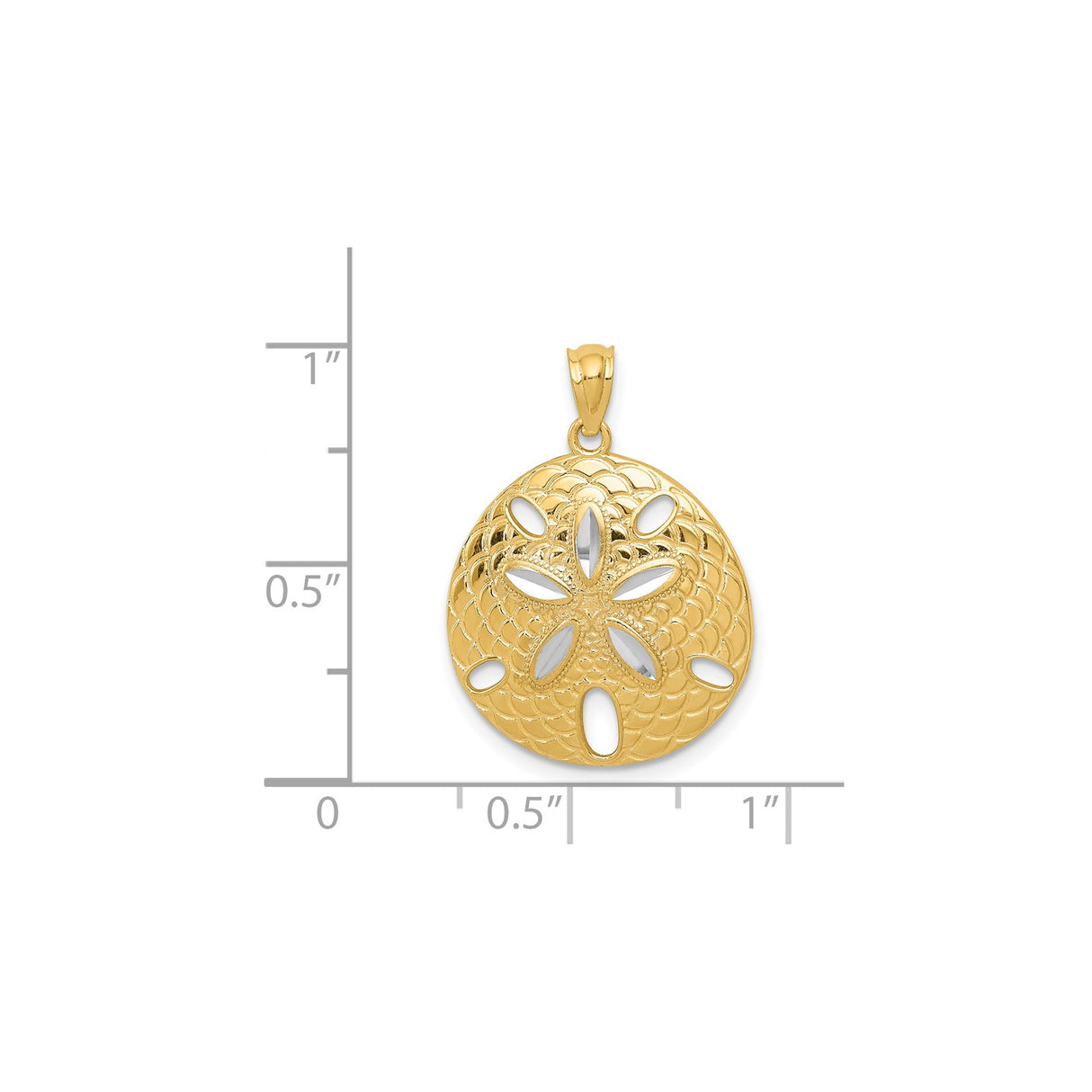 14k Yellow Gold and Rhodium Sand Dollar Pendant with Openwork Floral Design, Coastal Theme
