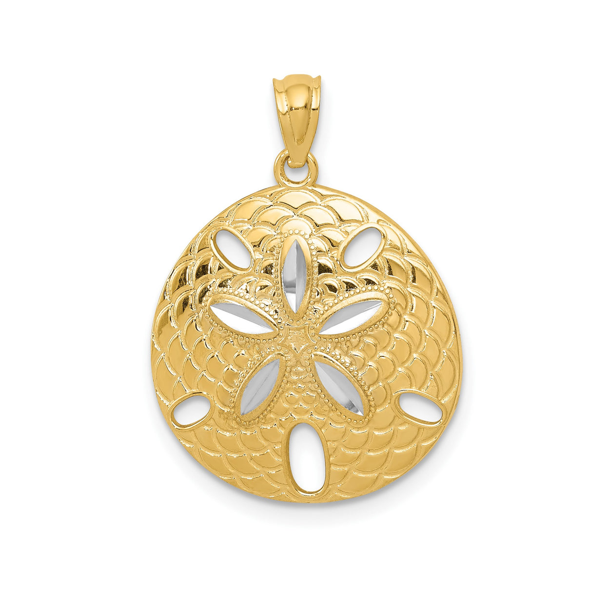 14k Yellow Gold and Rhodium Sand Dollar Pendant with Openwork Floral Design, Coastal Theme