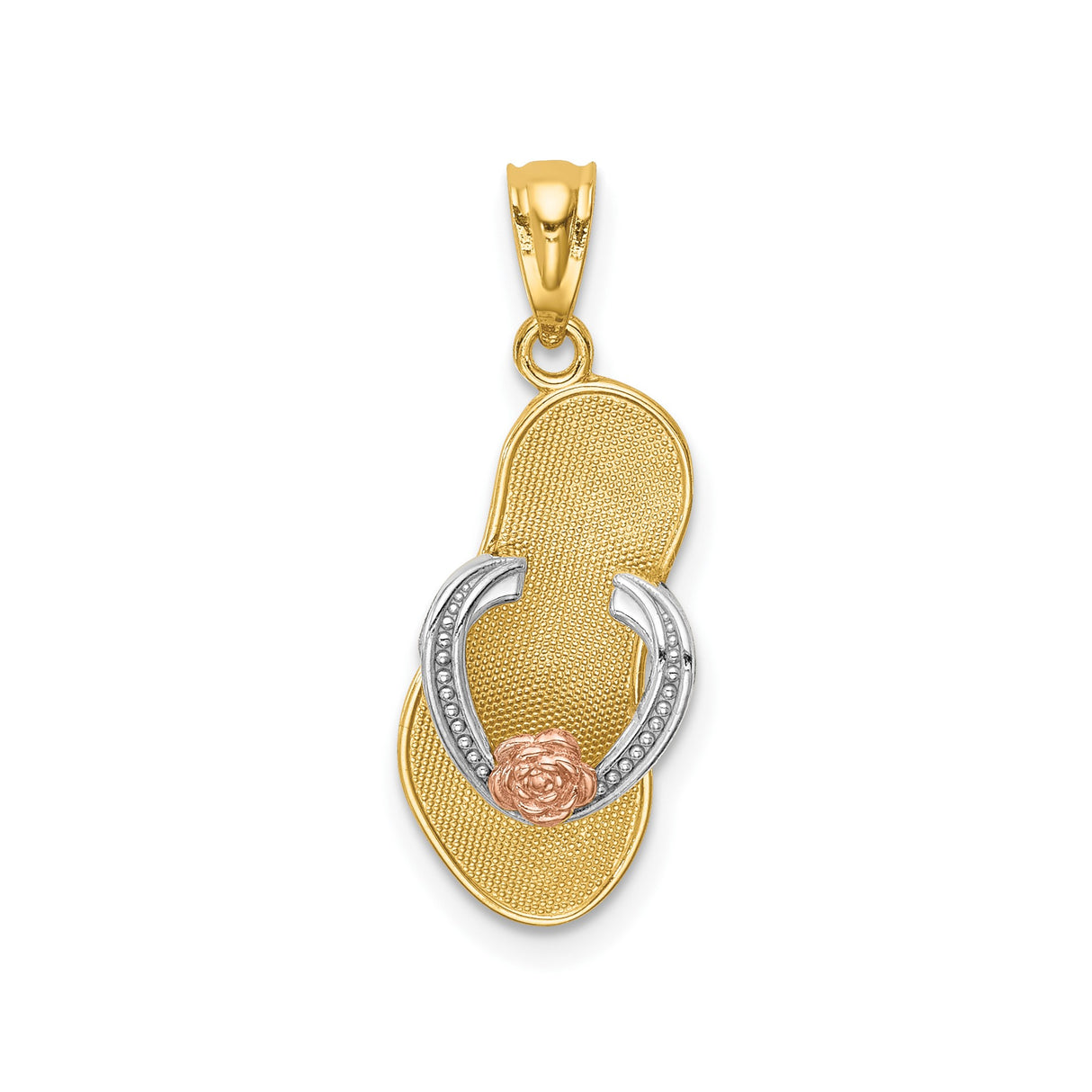 14k Two-Tone Gold Flip Flop Pendant with Rose Gold Flower and Horseshoe Design