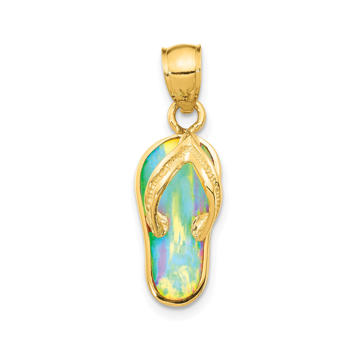 14k Yellow Gold Flip Flop Pendant with Multicolor Opal Inlay, Coastal Beach Style Jewelry