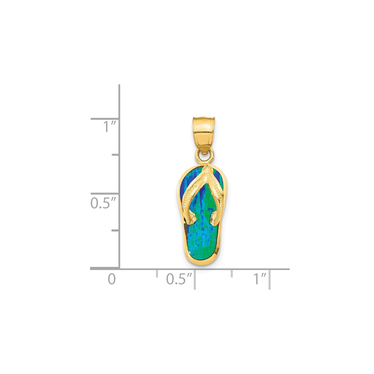 14k Yellow Gold Flip Flop Pendant with Green and Blue Opal Inlay, Tropical Beach Charm