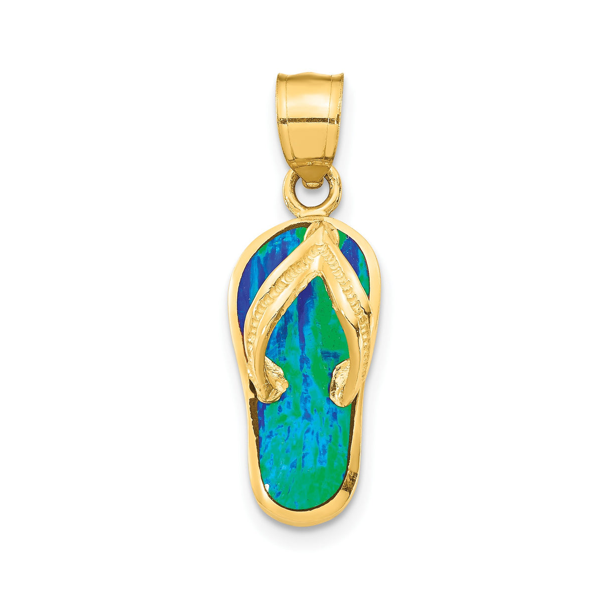 14k Yellow Gold Flip Flop Pendant with Green and Blue Opal Inlay, Tropical Beach Charm
