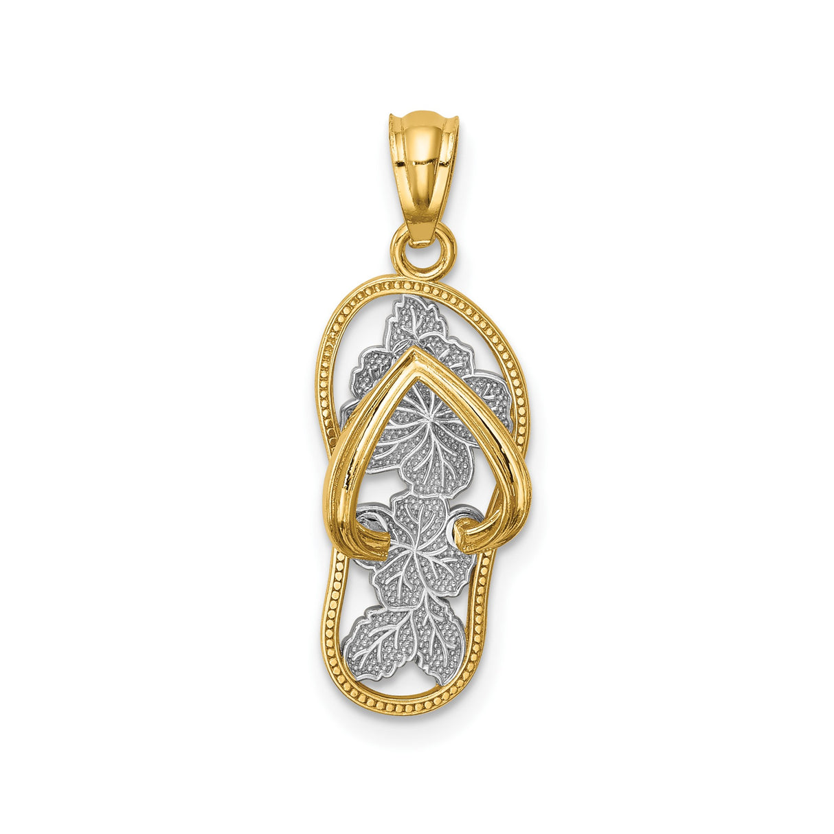 14k Multi-Tone Gold Flip-Flop Sandal Pendant with Floral Detailing, Tropical Beach Charm