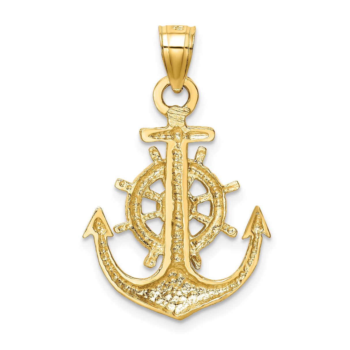 14k Yellow Gold Anchor Pendant with Ship Wheel, Nautical Sailing Theme, Unisex Charm