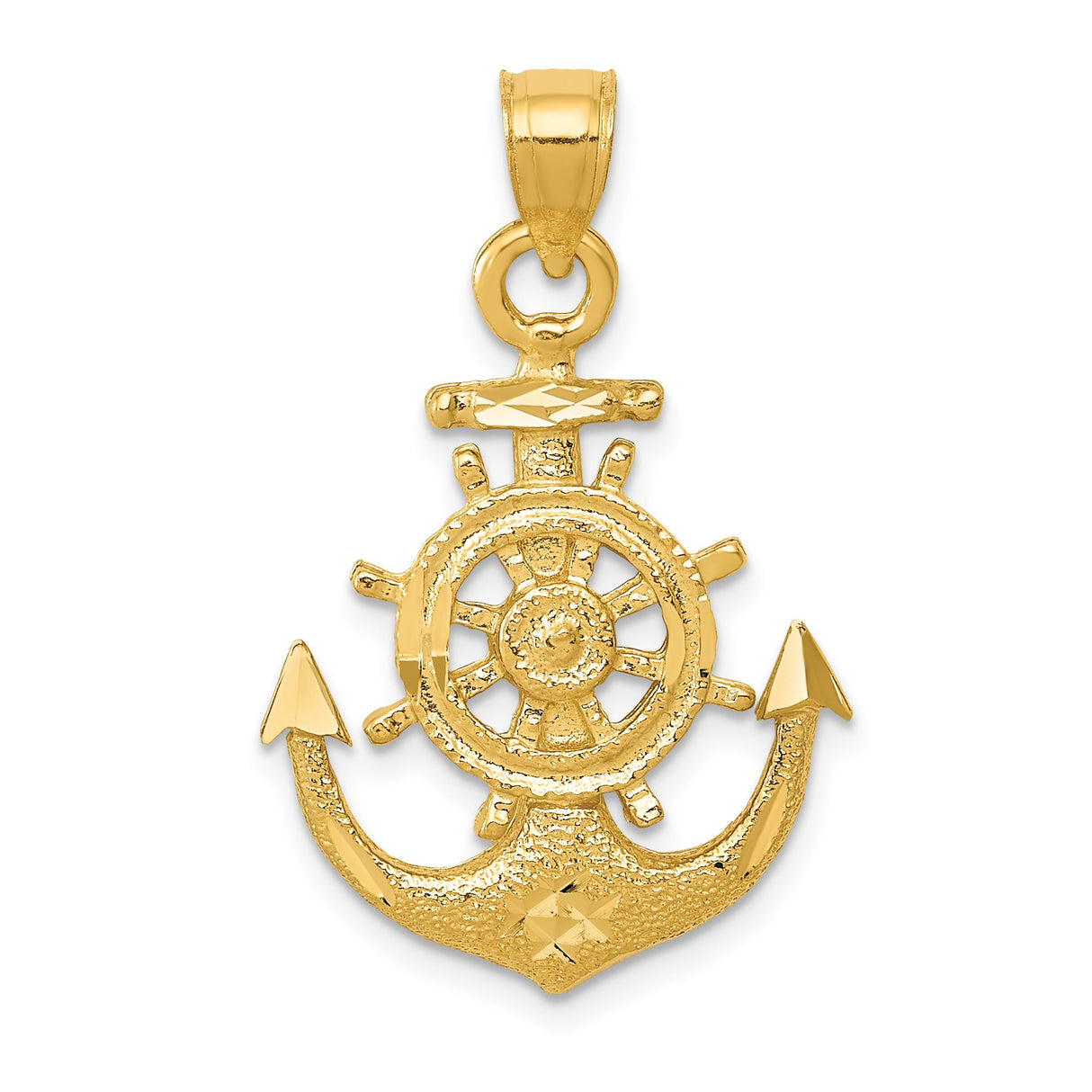 14k Yellow Gold Anchor Pendant with Ship Wheel, Nautical Sailing Theme, Unisex Charm