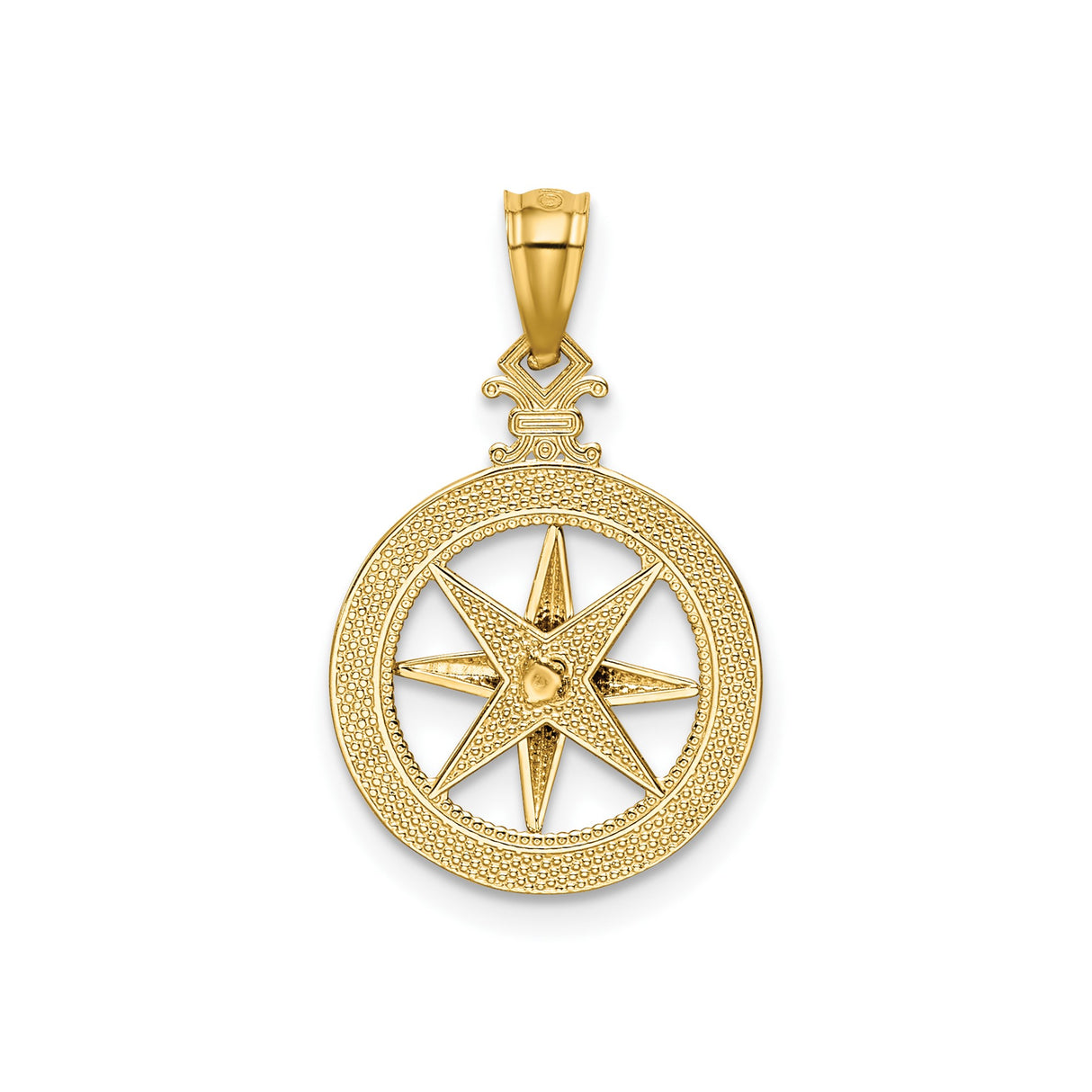 14k Yellow Gold Compass Rose Pendant with Directional Markers, Nautical Travel Symbol