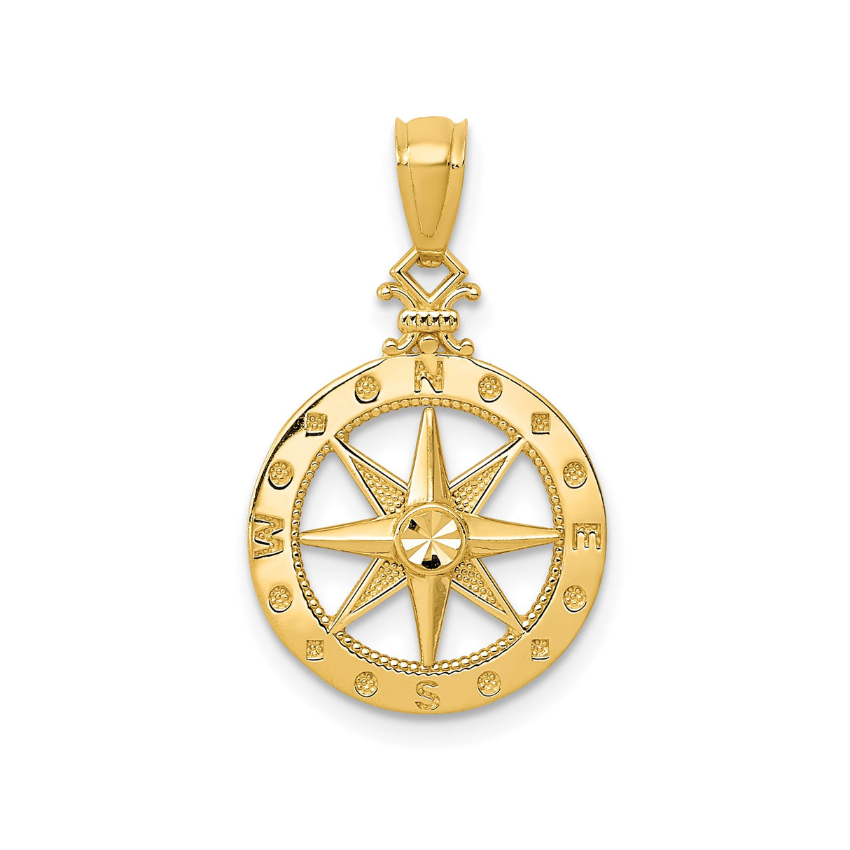 14k Yellow Gold Compass Rose Pendant with Directional Markers, Nautical Travel Symbol