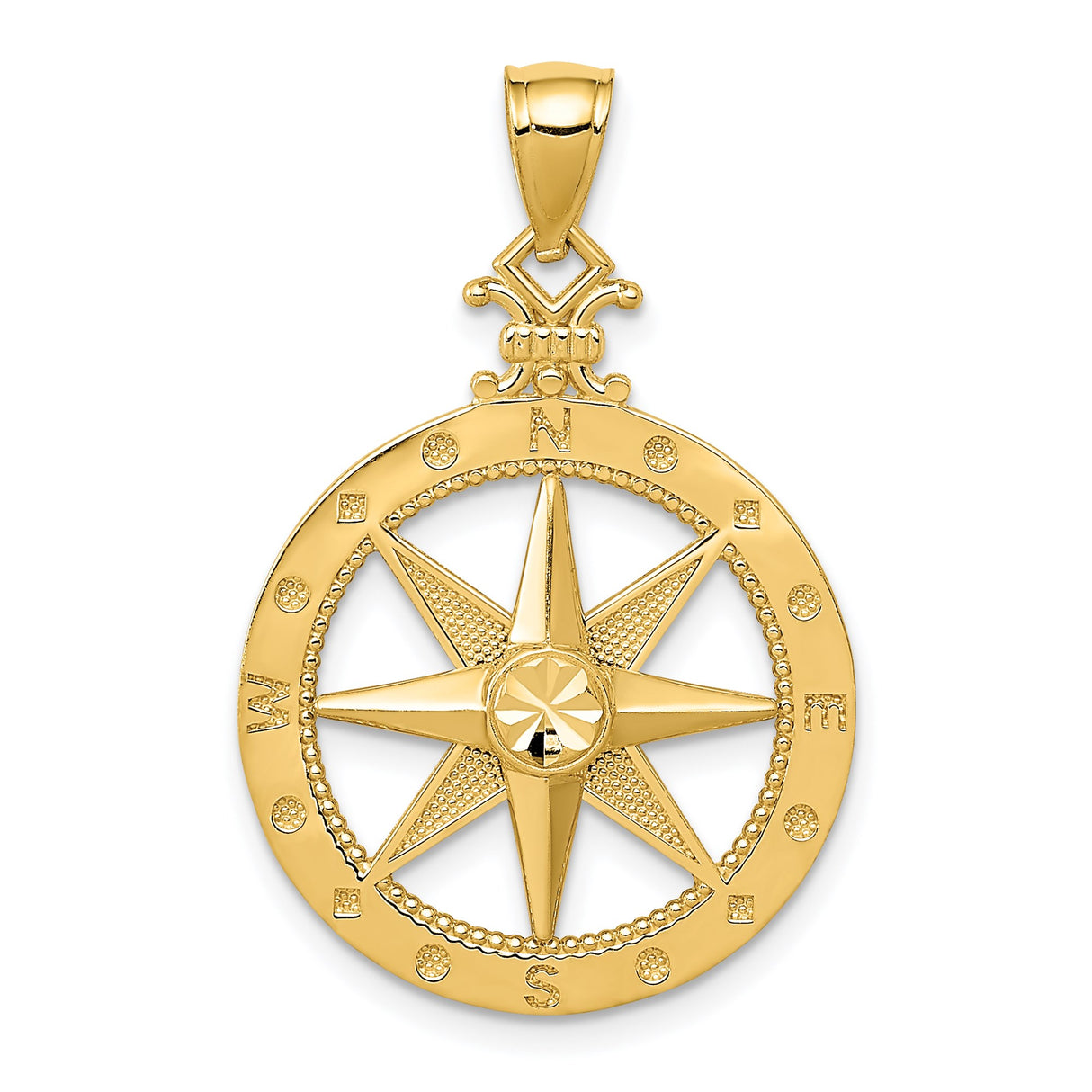 14k Yellow Gold Compass Pendant with Nautical Star and Directional Letters
