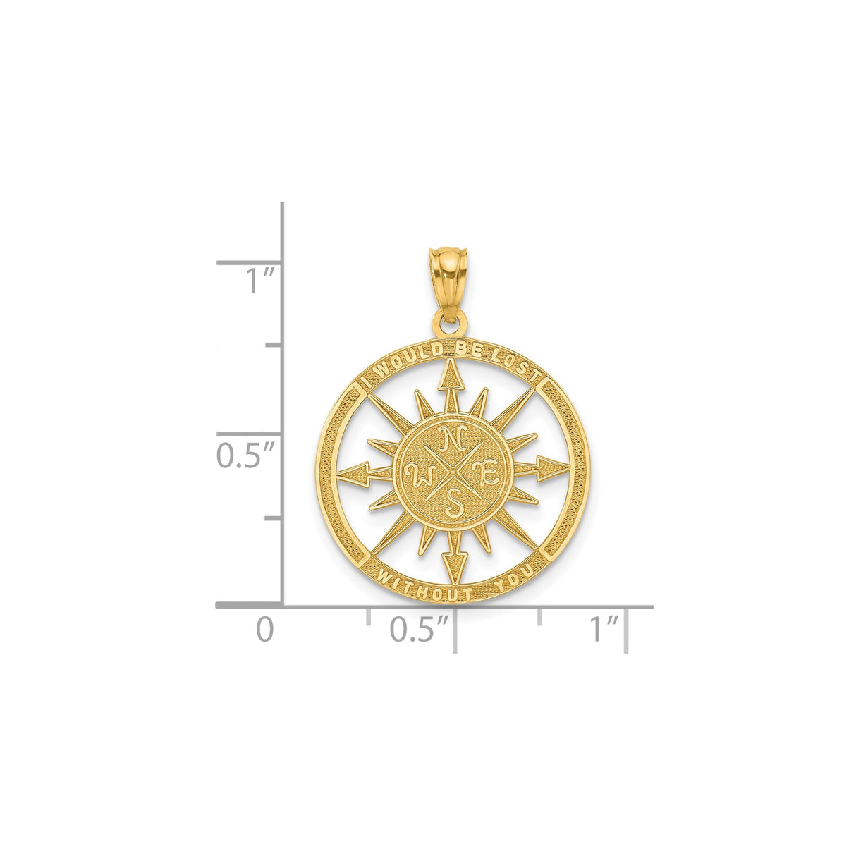 14k Yellow Gold Compass Pendant with I Would Be Lost Without You Message, Nautical Travel Charm