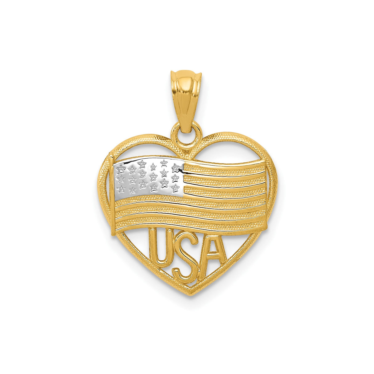14k Multi-Tone Gold Heart USA Pendant with American Flag Design