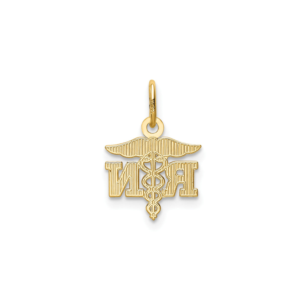 14k Yellow Gold RN Pendant with Caduceus Symbol, Medical Charm for Nurses