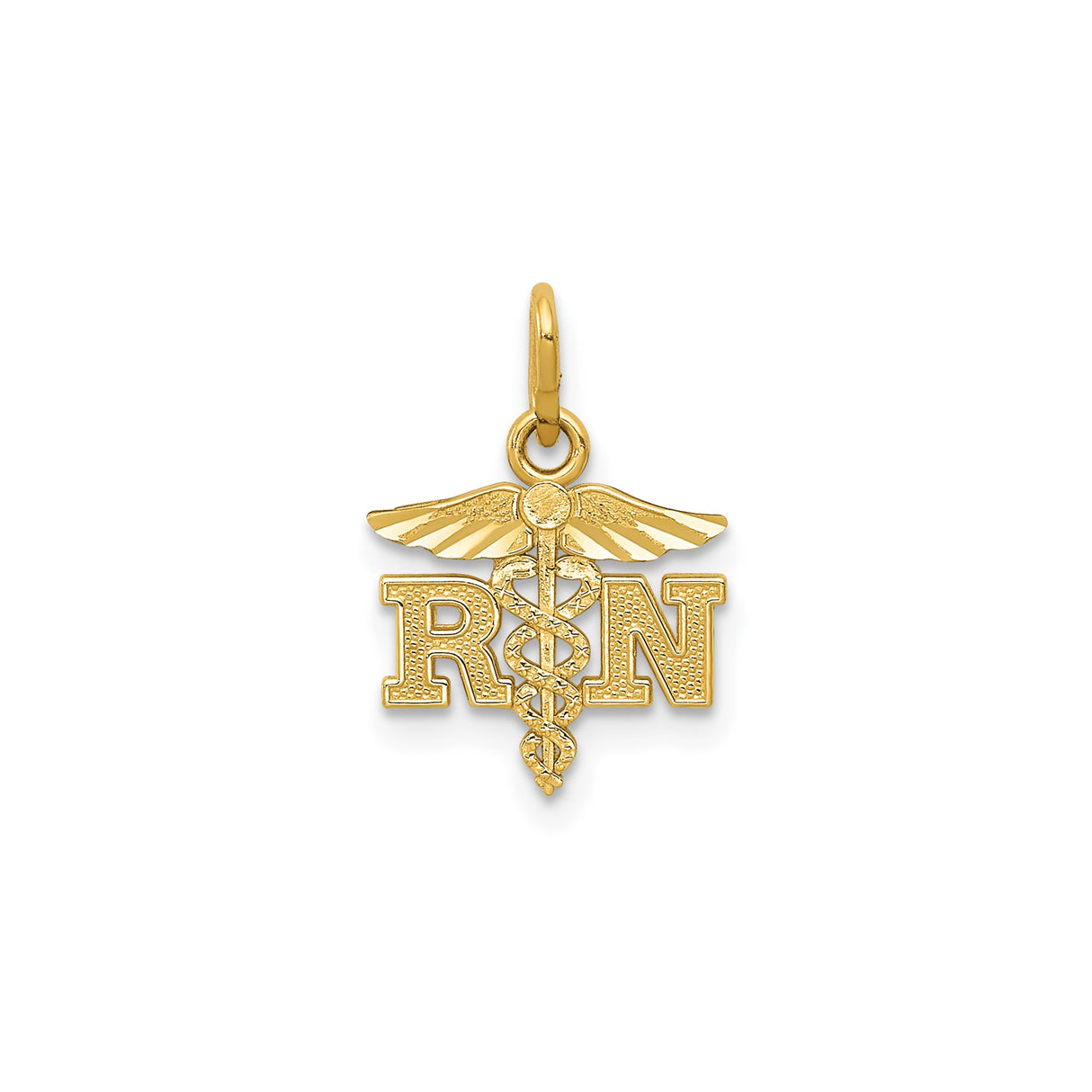 14k Yellow Gold RN Pendant with Caduceus Symbol, Medical Charm for Nurses