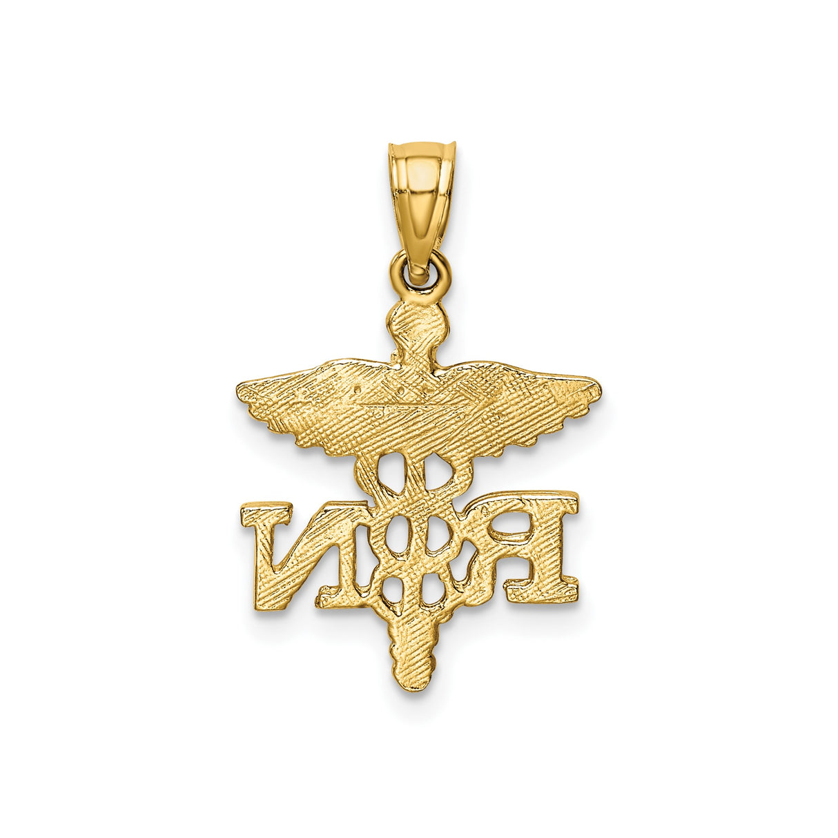 14k Yellow Gold RN Pendant with Caduceus Symbol, Unisex Nursing Charm