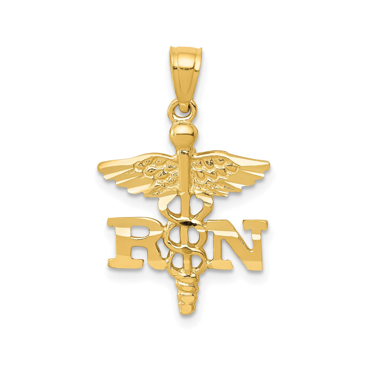 14k Yellow Gold RN Pendant with Caduceus Symbol, Unisex Nursing Charm
