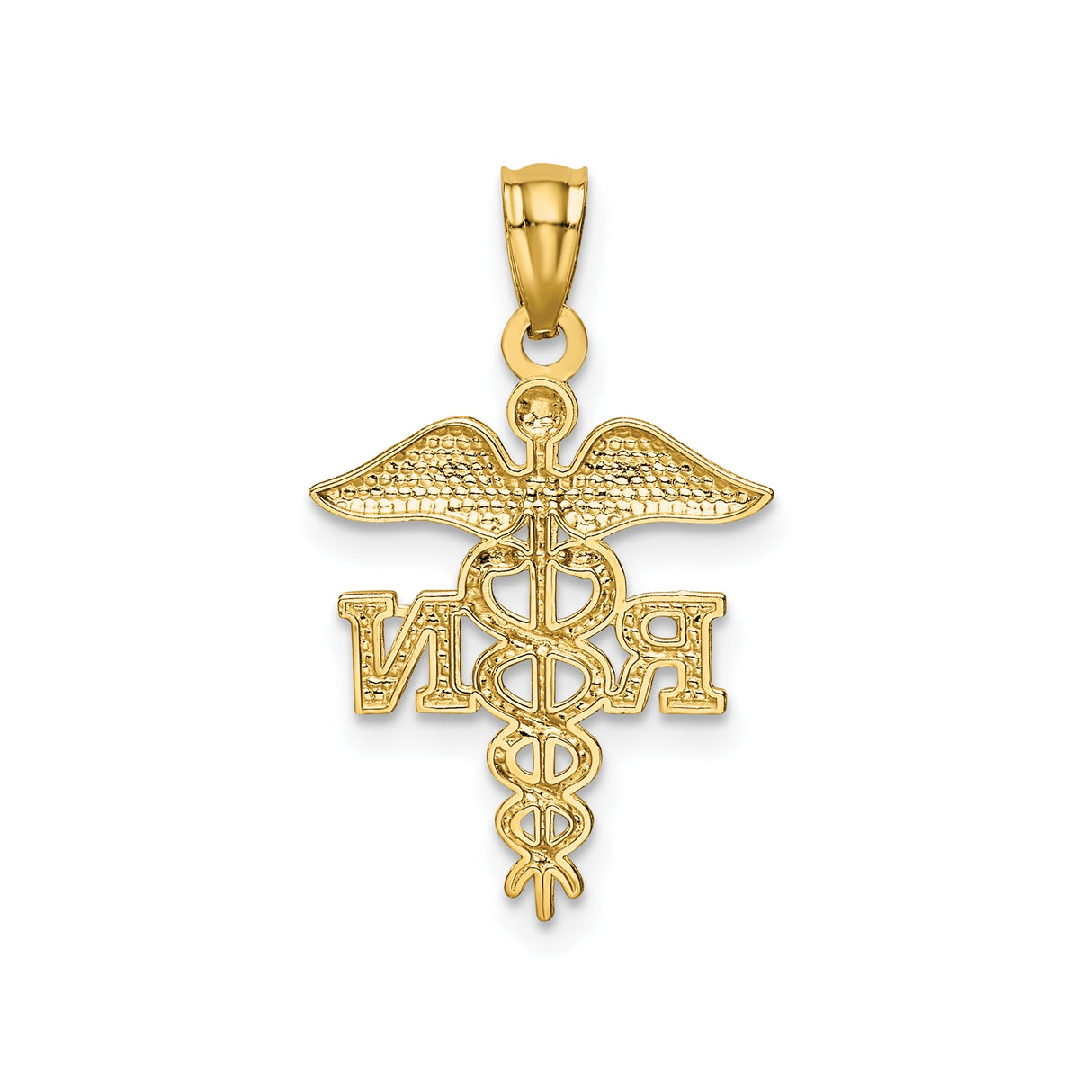 14k Yellow Gold RN Pendant with Caduceus Symbol and Twin Serpents Wings Charm