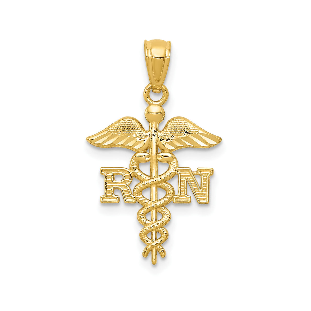 14k Yellow Gold RN Pendant with Caduceus Symbol and Twin Serpents Wings Charm