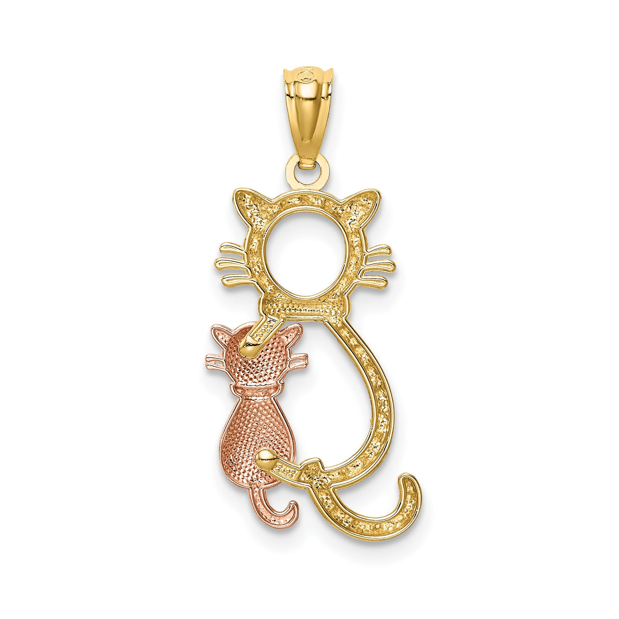 14k Two-Tone Gold Cat Pendant with Rose Gold Hugging Kitten and Textured Outline