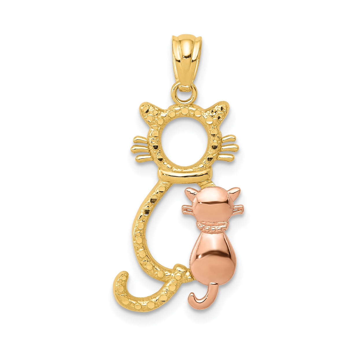 14k Two-Tone Gold Cat Pendant with Rose Gold Hugging Kitten and Textured Outline