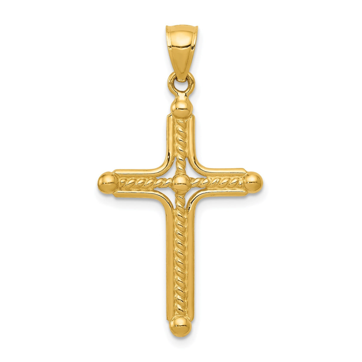 14k Yellow Gold Braided Latin Cross Pendant with Rope Detailing and Domed Centerpiece