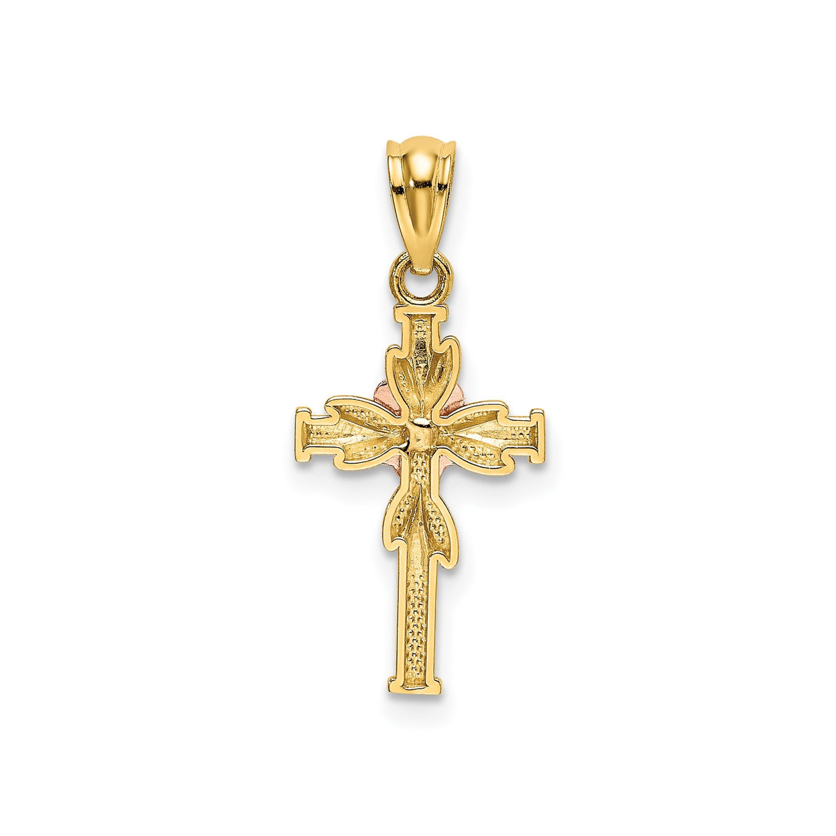 14k Multi-Tone Gold Cross Pendant with Rose Flower Center Religious Charm