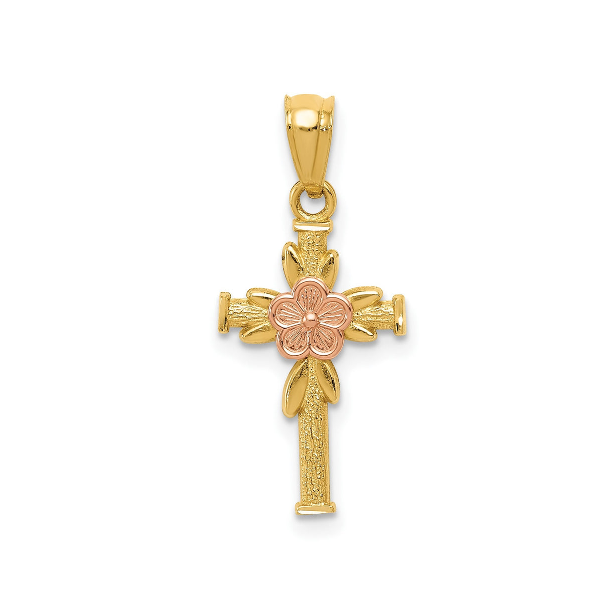 14k Multi-Tone Gold Cross Pendant with Rose Flower Center Religious Charm