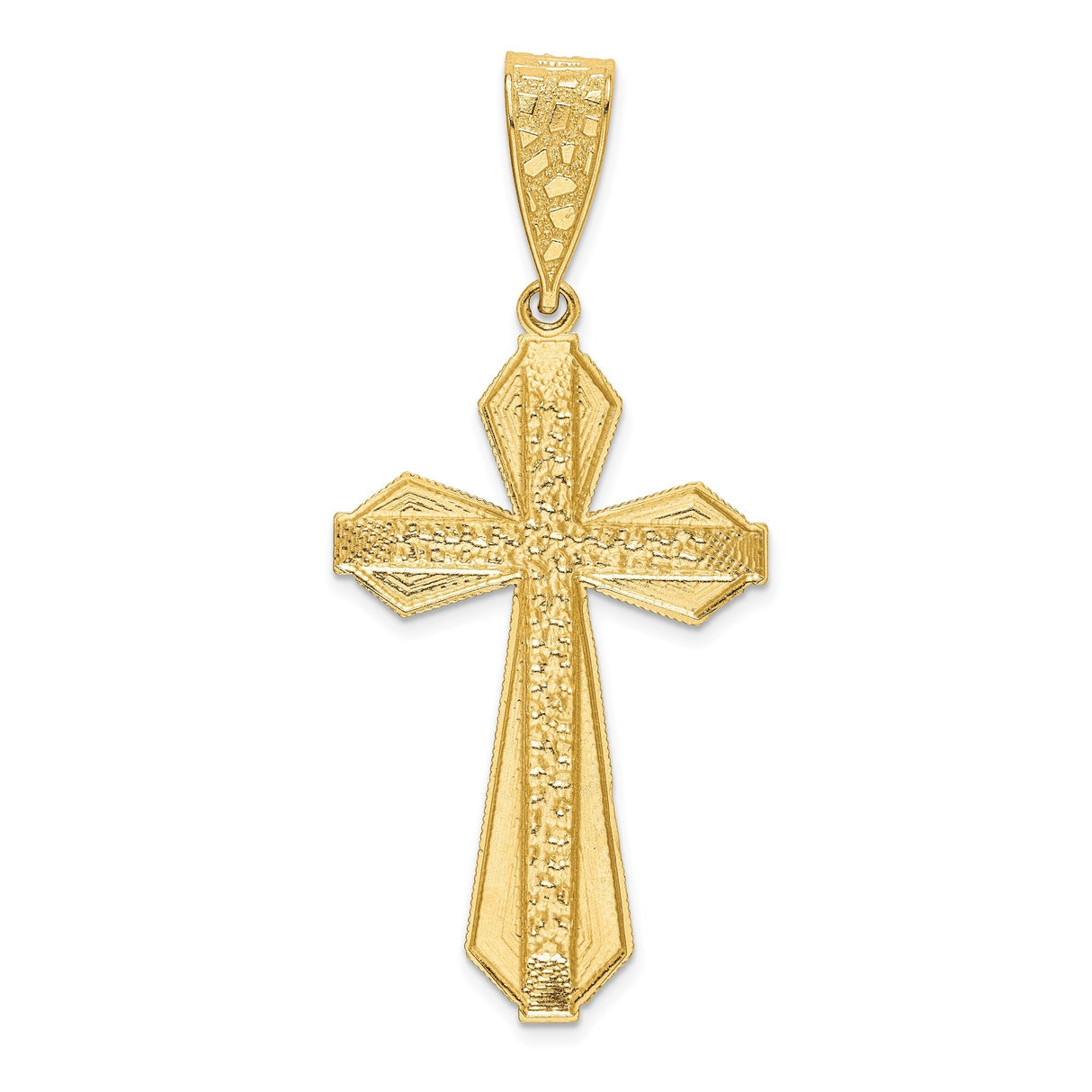 14k Yellow Gold Tapered Latin Cross Pendant, Textured Religious Charm with High Polish Finish