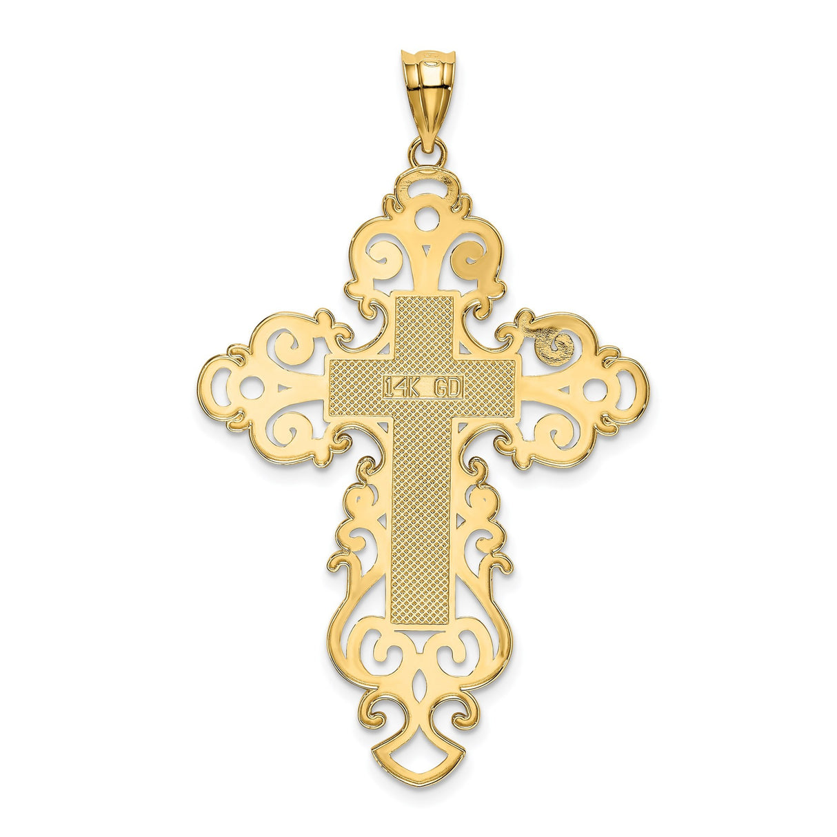 14k Yellow Gold Budded Cross Pendant with Filigree and Textured Latin Design
