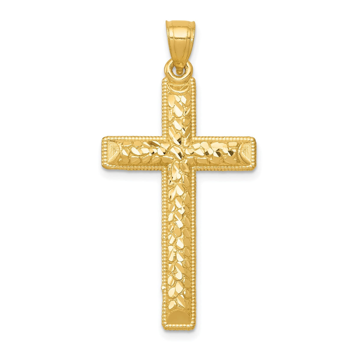 14k Yellow Gold Filigree Cross Pendant with Latin Design and Raised Accents