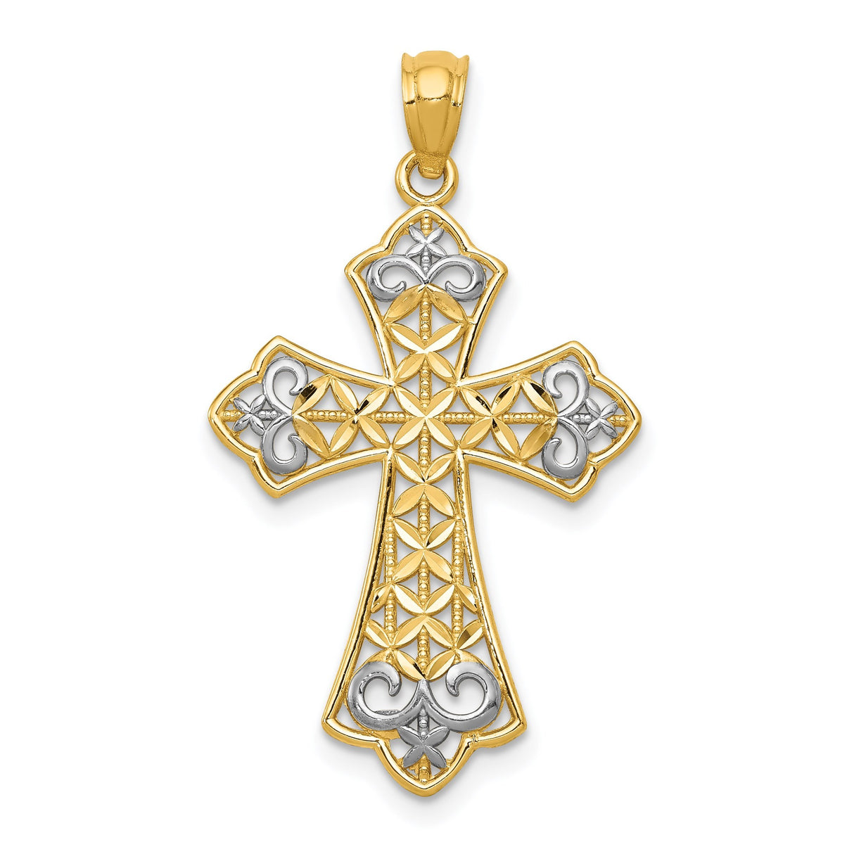 14k Multi-Tone Gold Fleur de Lis Cross Pendant with Rhodium Accents and Textured Design