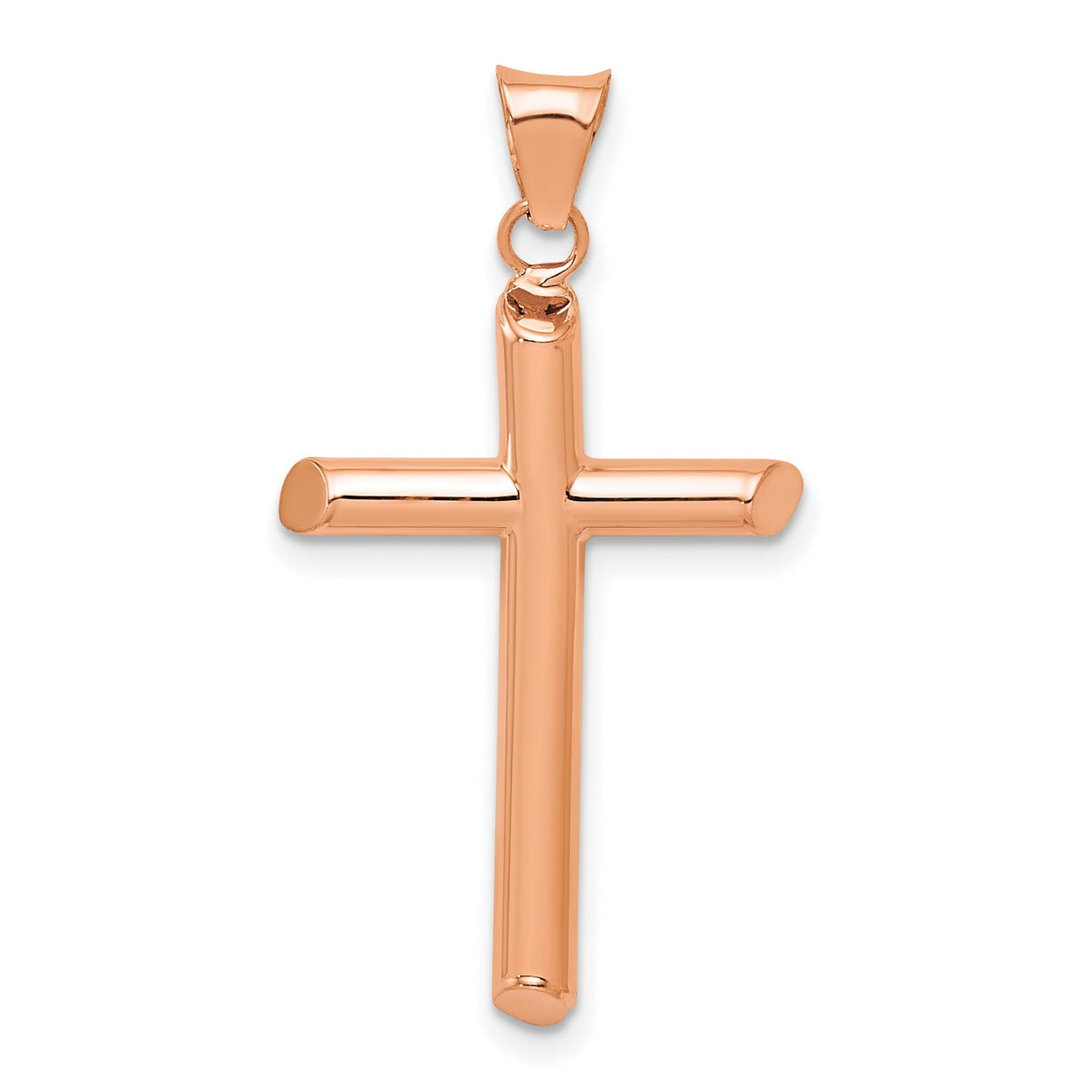 14k Rose Gold Tube Cross Pendant with Smooth Curved Bar Design for Men and Women