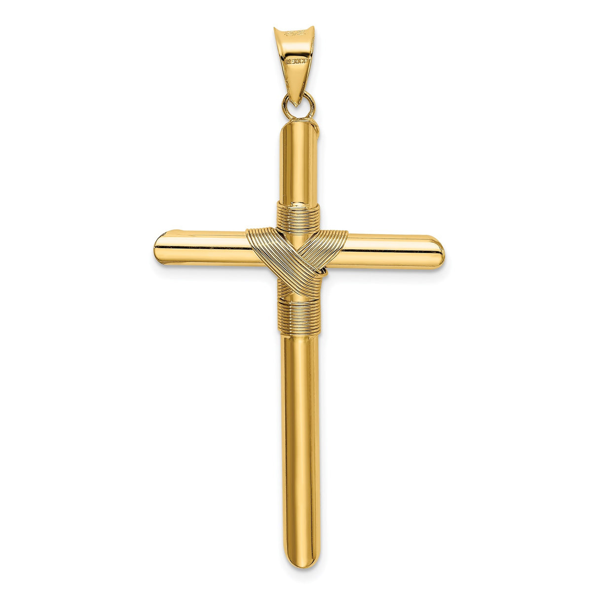 14k Yellow Gold Rope Cross Pendant with Sculpted Bail and Polished Finish