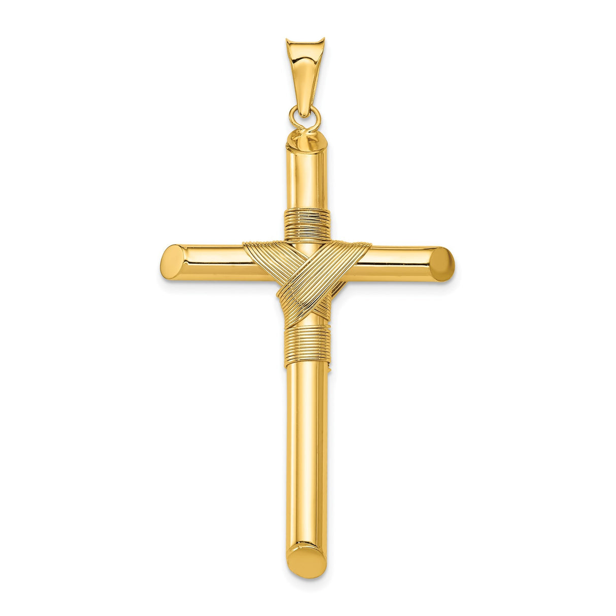 14k Yellow Gold Rope Cross Pendant with Sculpted Bail and Polished Finish