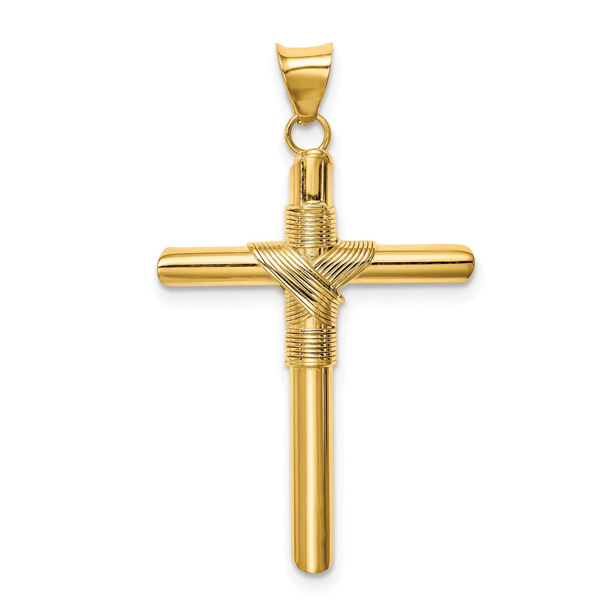 14k Yellow Gold Cross Pendant with Rope Wrapped Latin Design, Polished Religious Charm