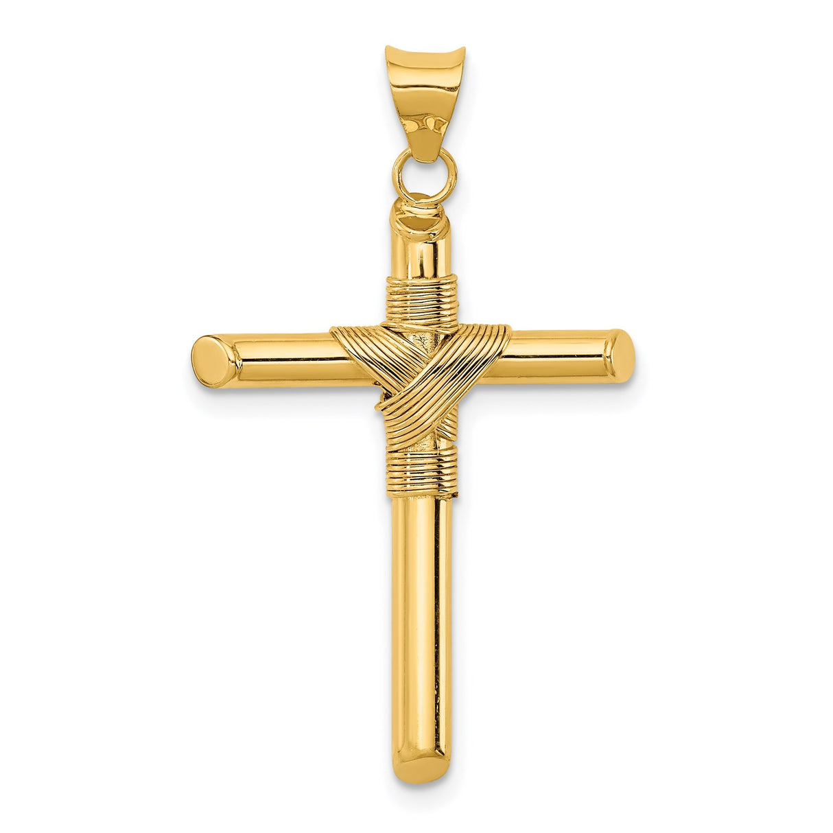 14k Yellow Gold Cross Pendant with Rope Wrapped Latin Design, Polished Religious Charm
