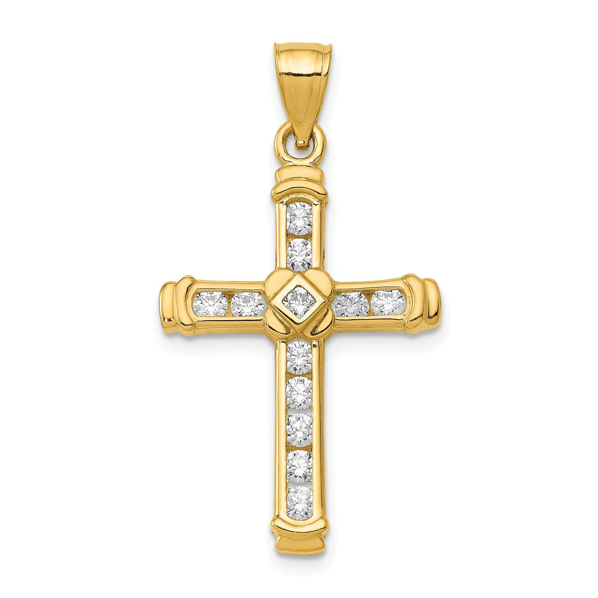 14k Yellow Gold Cross Pendant with Cubic Zirconia, High Polish Latin Religious Charm